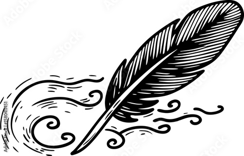 Feather illustration with swirling wind lines lightness, movement, breeze concept in black and white sketch