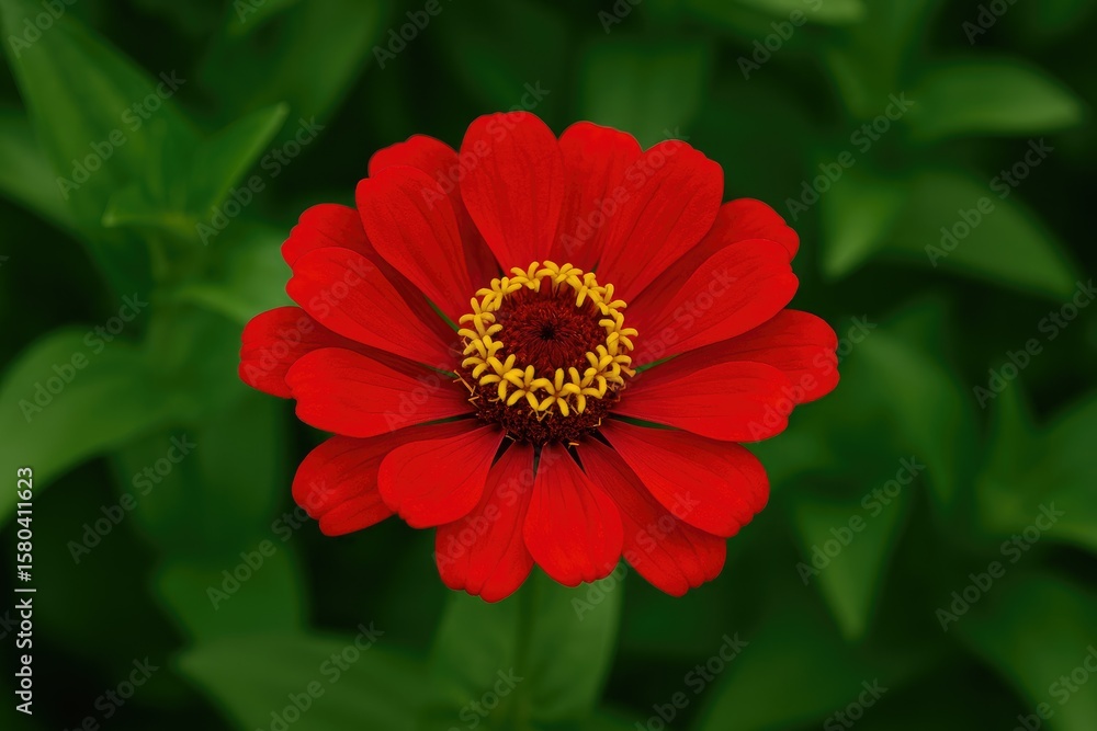 A vibrant red blossom amidst lush greenery, captured in close-up detail A vibrant red blossom amidst lush greenery, captured in close-up detail
