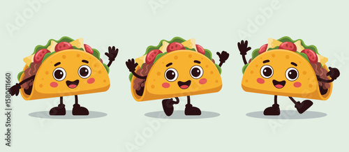Three happy cartoon tacos with faces and arms waving cheerfully