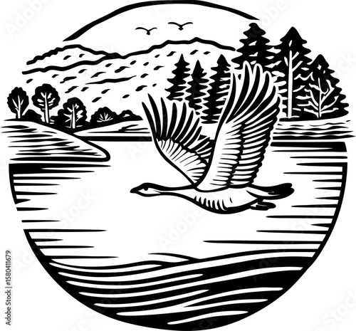 Wild goose flying over tranquil lake with forested mountains nature wildlife scene, outdoor adventure illustration