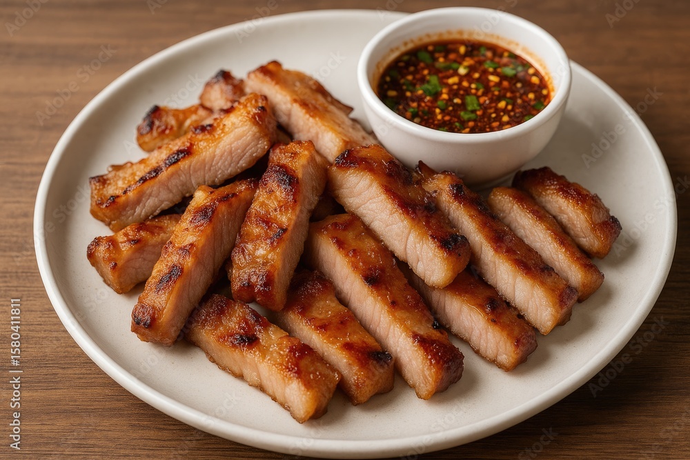 Juicy grilled pork neck served with flavorful dipping sauce Juicy grilled pork neck served with flavorful dipping sauce