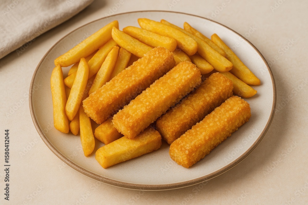 Vegan snack idea featuring crispy tofu fingers and golden fried potatoes Vegan snack idea featuring crispy tofu fingers and golden fried potatoes