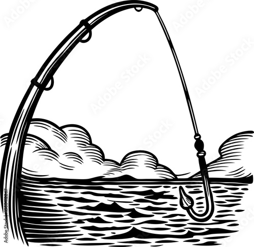 Fishing rod with hook and bait over water, dramatic clouds in the sky adventure, outdoor recreation illustration