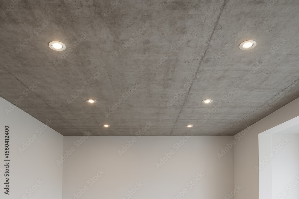 Unfinished grey ceiling featuring halogen spotlights in a vacant loft space with minimalist modern design Unfinished grey ceiling featuring halogen spotlights in a vacant loft space with minimalist modern design