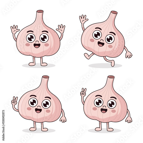 Cute cartoon garlic characters waving and showing peace signs