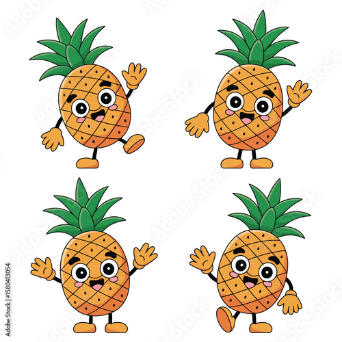 Cute cartoon pineapple characters waving and dancing happily on a white background