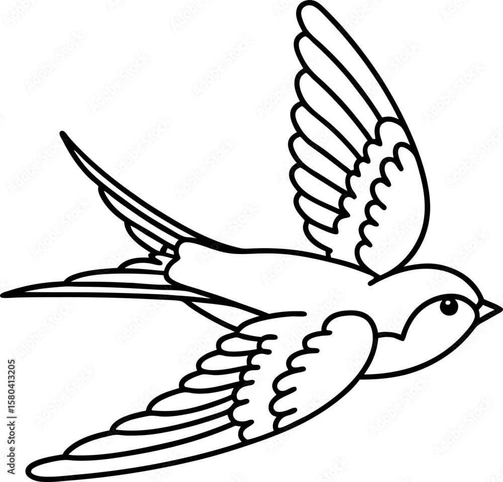 Obraz premium Swallow bird in flight outline simple black and white illustration, elegant wings spread, graceful flying avian design