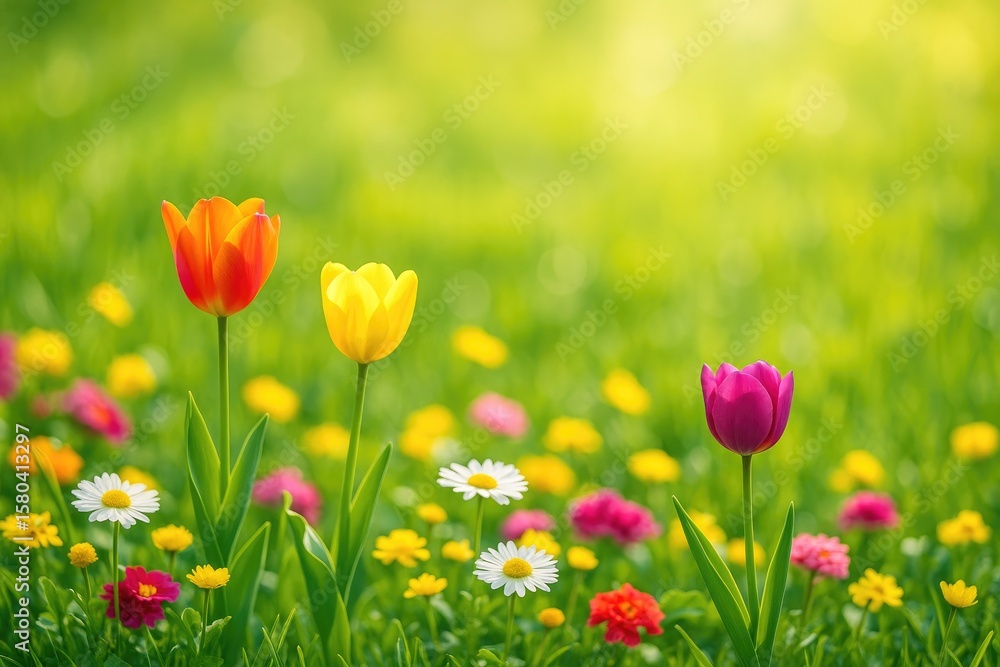 Fototapeta premium Vibrant floral scene with blooming flowers in a garden setting