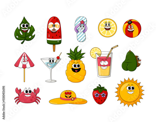Retro Comic Stickers Set. Summer Funny Cartoon Characters with funny faces, Doodle Faces, Vintage Comic Style Icons and Elements for Posters, Prints, Travel and Holiday Design