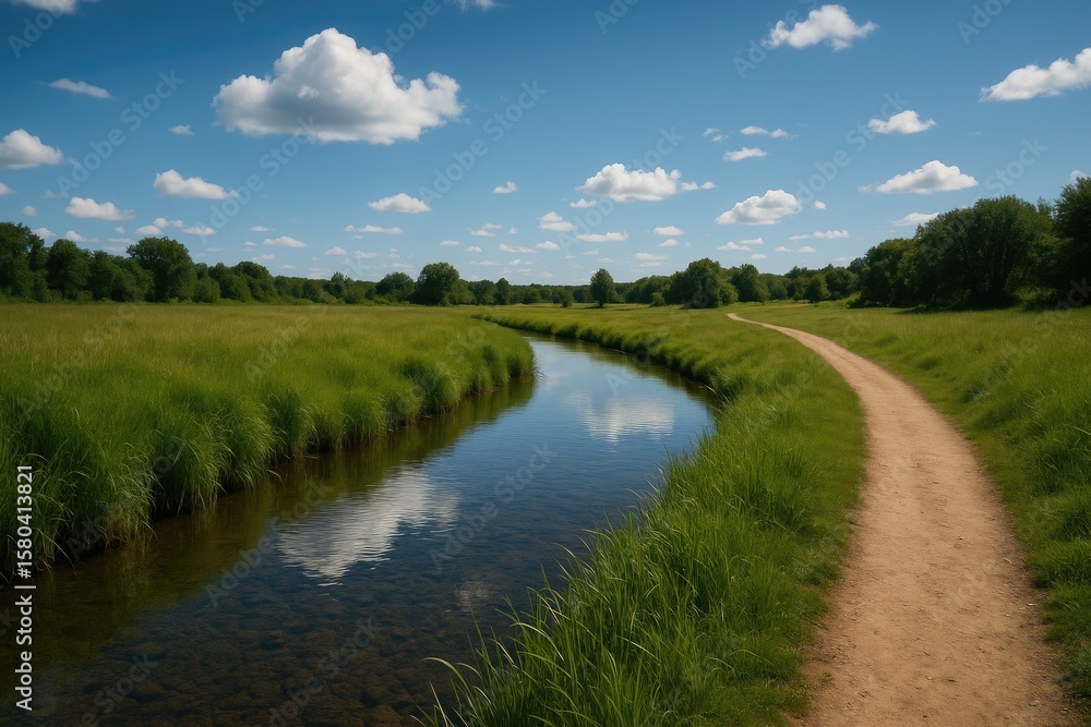 Serene trail flowing alongside a stream under clear blue skies Serene trail flowing alongside a stream under clear blue skies