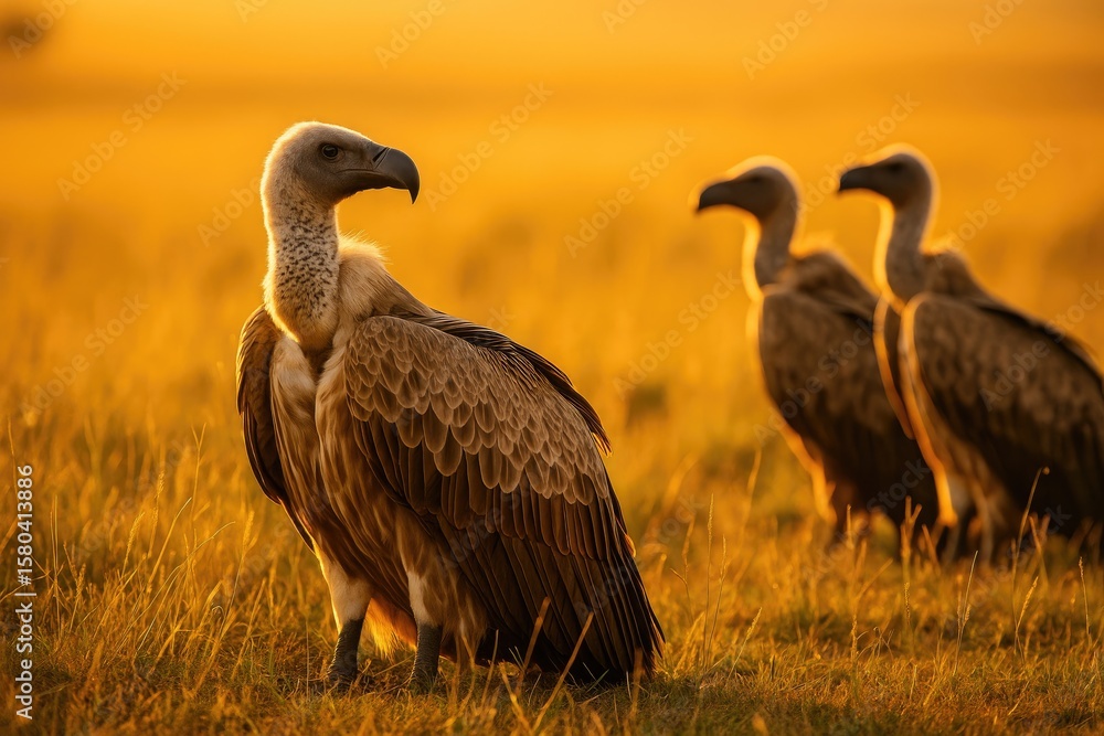 Fototapeta premium Birds of prey perched on grassy terrain