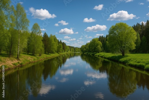 Sunny Day Water Scene featuring a Spring River in a Central Russian National Park