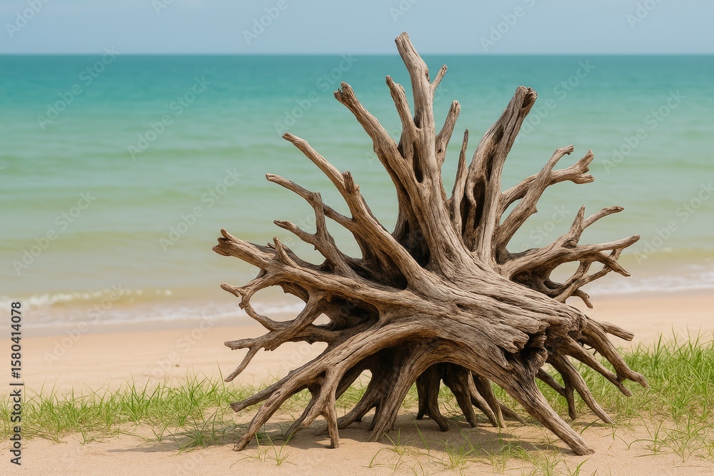 Fototapeta premium A weathered driftwood root found along a coastal shoreline