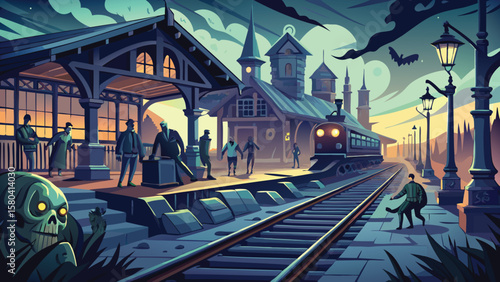 A spooky train station with a skull, people, and a train under a twilight sky, creating a mysterious scene