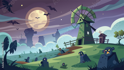 Cartoon landscape with a windmill, gravestones, bats, and a full moon at twilight scene view