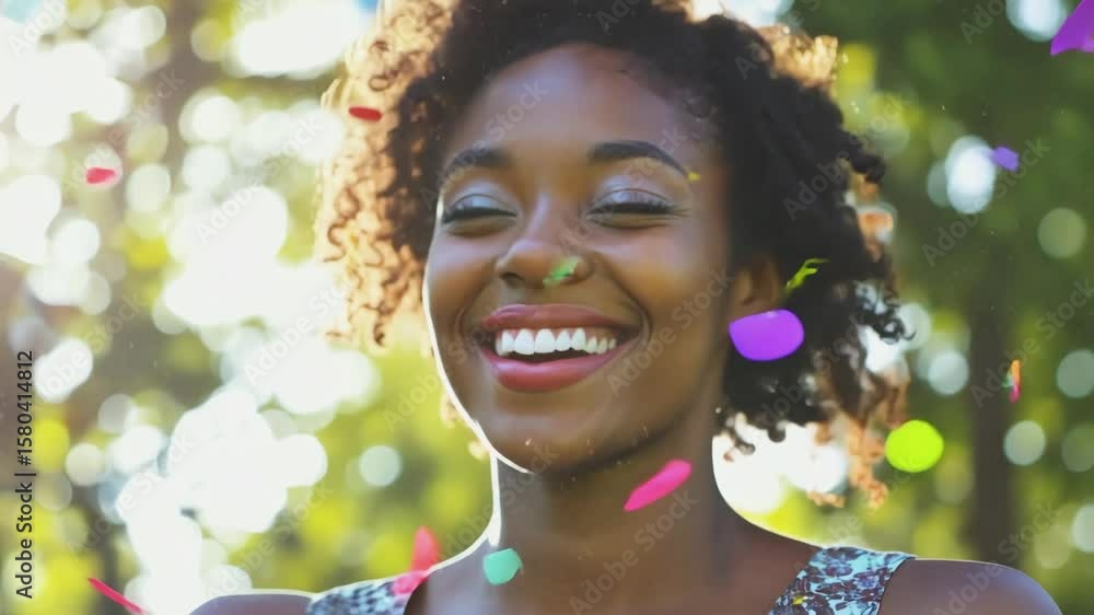 Happy young African American woman having fun surrounded by colorful confetti Happy young African American woman having fun surrounded by colorful confetti