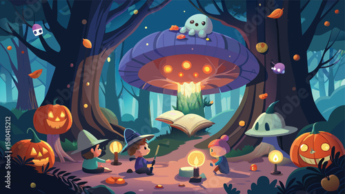 A group of children gather around a glowing mushroom in a whimsical halloween themed forest scene
