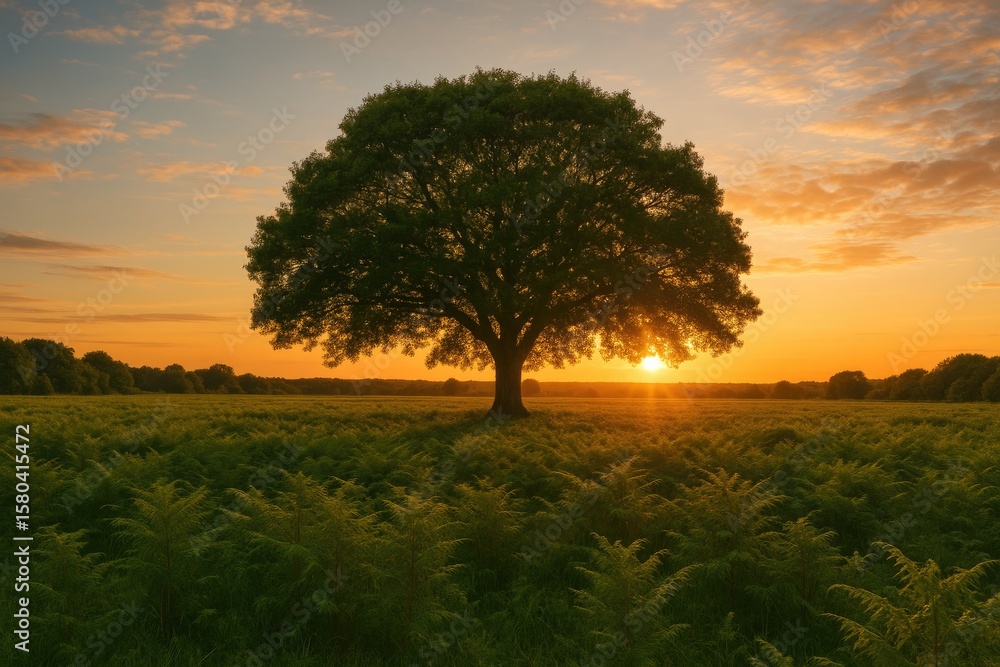 Fototapeta premium A silhouette of a tree against a sunset in a vast fern-covered landscape with surrounding nature