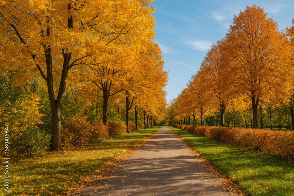 Naklejka premium Sunny autumn day with trees and shrubs lining a park alley
