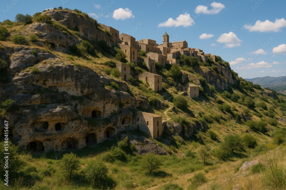 Fototapeta premium Scenic view of the rock-cut Byzantine settlement in Calascibetta, Sicily