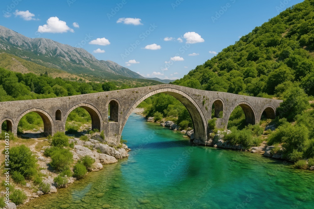Fototapeta premium Historic stone arch bridge close to Shkoder, featuring Ottoman architecture in Europe