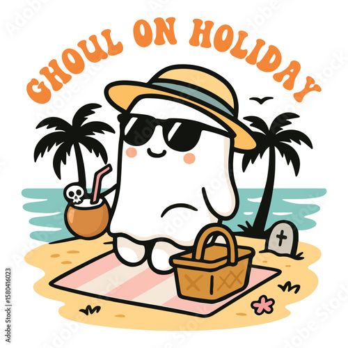 ghoul on holiday - Summer Halloween T-shirt Vector, Summerween Horror Characters, Kawaii Spooky Beach Vibes Clipart, Funny Halloween Kawaii Ghost design
