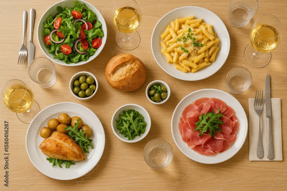 Flat lay of a dining setup with cutlery, food, and wine for a celebratory lunch event from a top perspective Flat lay of a dining setup with cutlery, food, and wine for a celebratory lunch event from a top perspective