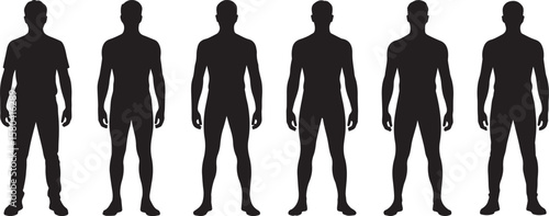 Male body silhouette vector set of standing man in anatomical and casual pose, front view, isolated on white