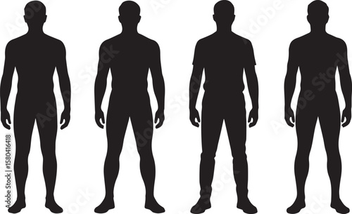 Male body silhouette vector set of standing man in anatomical and casual pose, front view, isolated on white