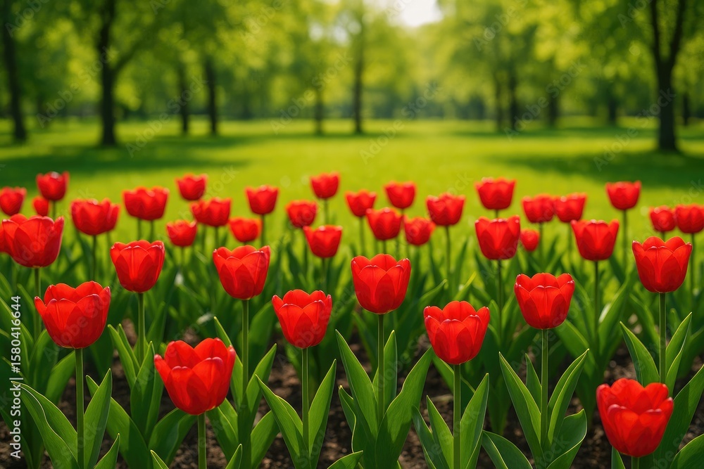 Obraz premium Colorful tulips blooming on a garden bed in a park
