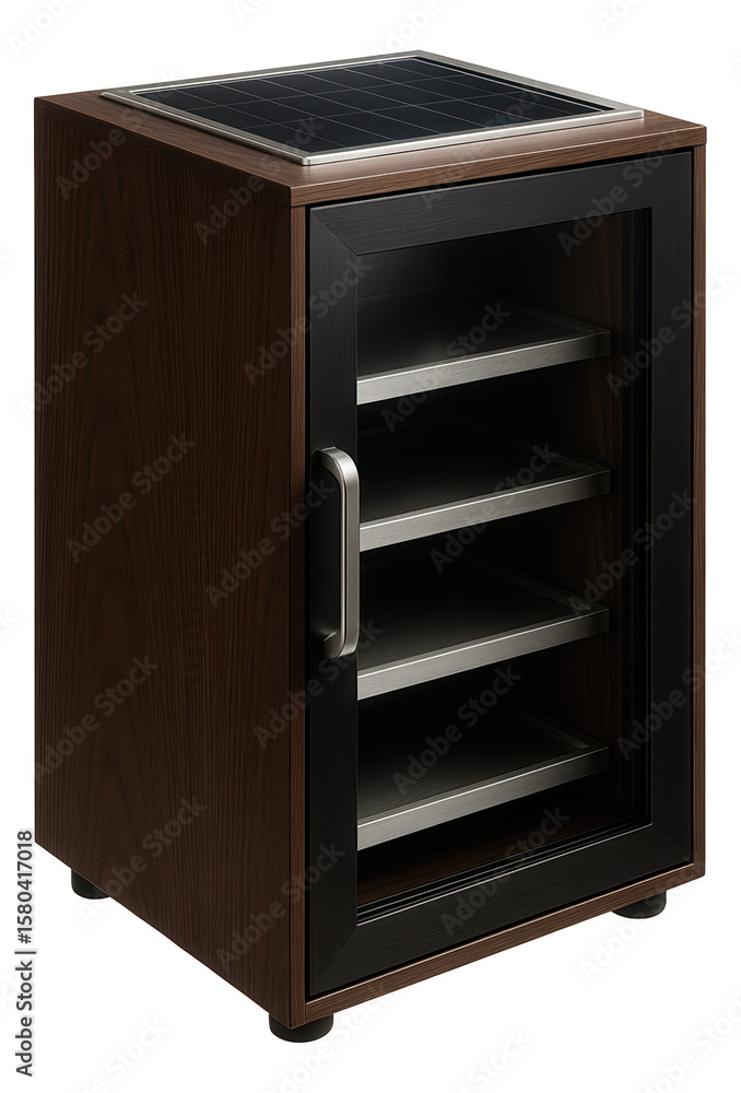 A wine cabinet with a solar-powered cooling system, innovative for energy-efficient public spaces. A wine cabinet with a solar-powered cooling system, innovative for energy-efficient public spaces.