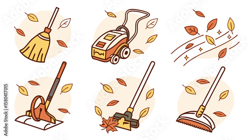 Illustration showing various cleaning tools including brooms vacuum and dustpans surrounded by leaves falling down