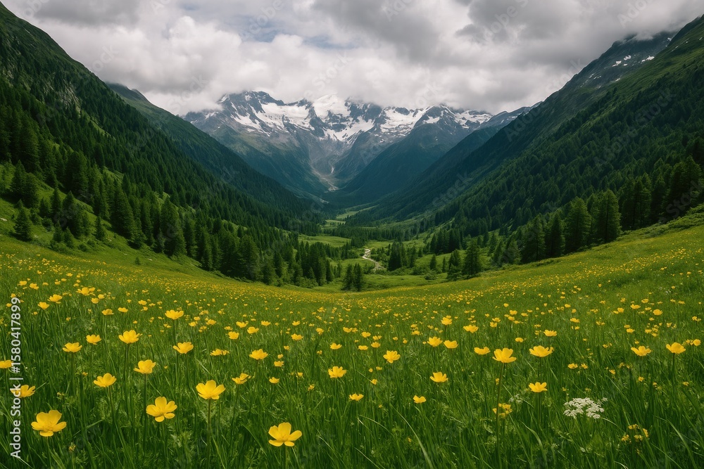 Fototapeta premium Scenic view of a lush mountain valley on a cloudy day, featuring snow-capped peaks and colorful wildflowers in the meadow