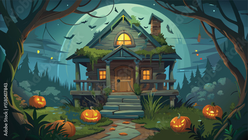 A spooky halloween scene featuring a haunted house under a full moon with pumpkins around it