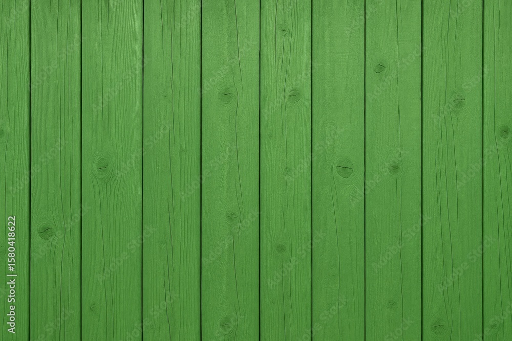 Fototapeta premium Surface of lush green wooden planks, featuring a fence with vertically aligned, brightly colored boards of varying sizes, showcasing cracks and knots in the background