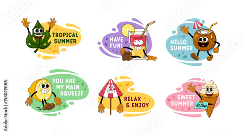 Summer Cartoon Sticker Set. Cute Comic Characters in Y2K Retro Style, Funny Doodle Patches and Labels. Trendy Vibrant Design for Summer Holidays, Travel and Beach Themed Projects