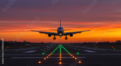 A Front View of a Passenger Jet Landing at Dusk.
