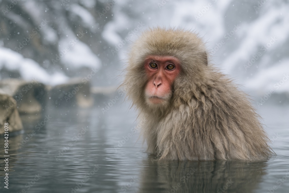 Naklejka premium Snow monkey relaxing in thermal waters