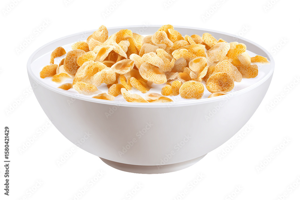 Bowl of corn flakes with milk isolated on white transparent background. Bowl of corn flakes with milk isolated on white transparent background.