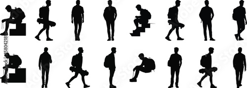 Teenager silhouette vector set of boys with backpack in walking, sitting, and standing poses, urban and casual style
