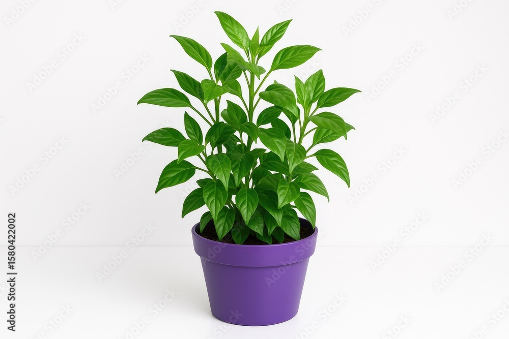 Fototapeta premium A vibrant purple container hosting a lush plant set against a clean white backdrop