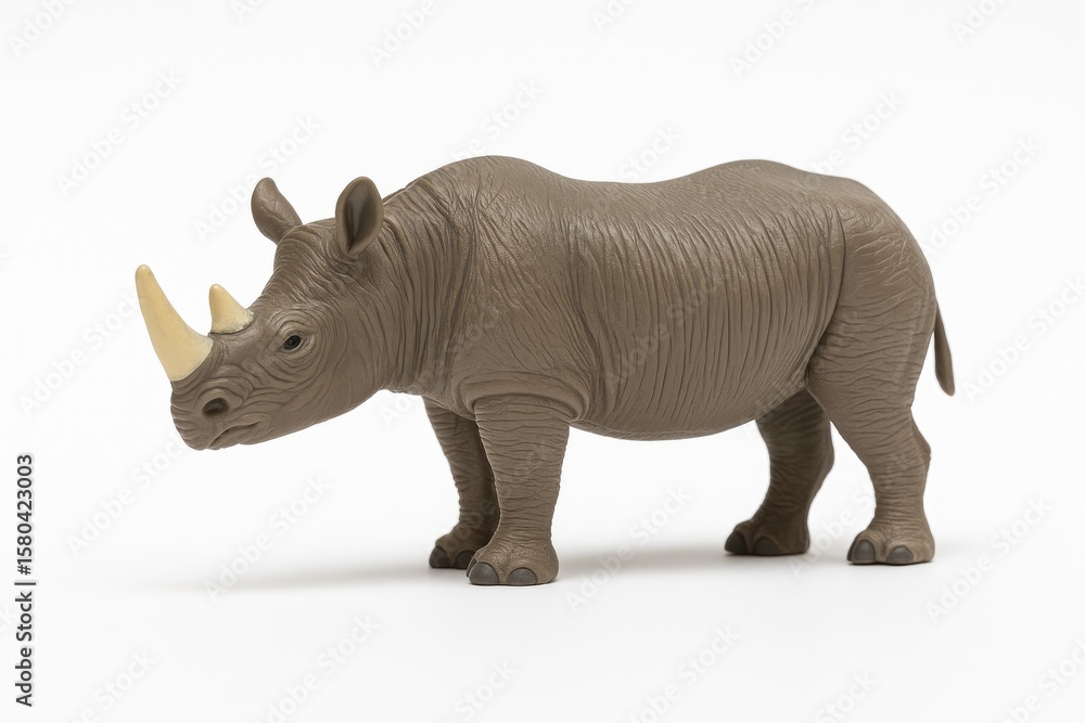 Fototapeta premium Plastic rhinoceros figurine displayed against a plain white backdrop