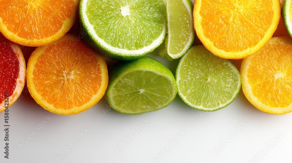 Colorful citrus fruit slices isolated on white background border, top view. Grapefruit, orange, lemon and lime Colorful citrus fruit slices isolated on white background border, top view. Grapefruit, orange, lemon and lime