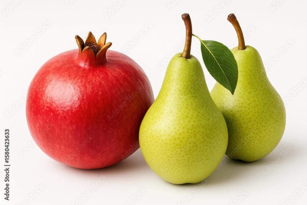 Fruits Placed on a White Background: Pomegranate and Pears Fruits Placed on a White Background: Pomegranate and Pears