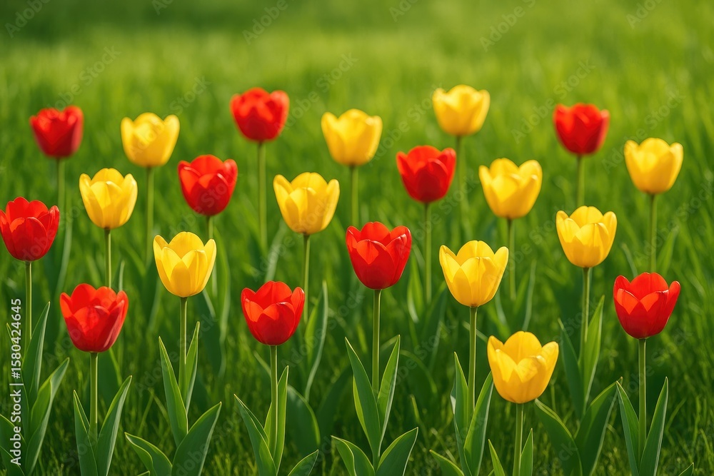 Fototapeta premium Bright red and yellow tulips blooming against lush green grass backdrop