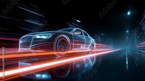 Car Wireframe on Road with Light Trails