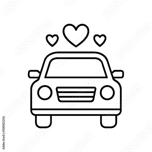 Wedding car icon with hearts symbolizing love and romantic celebration