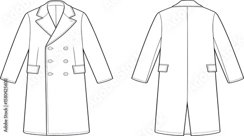 Stylish double-breasted coat fashion template, front and back view, technical outerwear sketch, sewing pattern vector, detailed illustration, cad drawing flat vector illustration