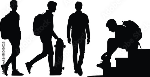 Teenager silhouette vector set of boys with backpack in walking, standing, skateboarding, and sitting on stairs poses