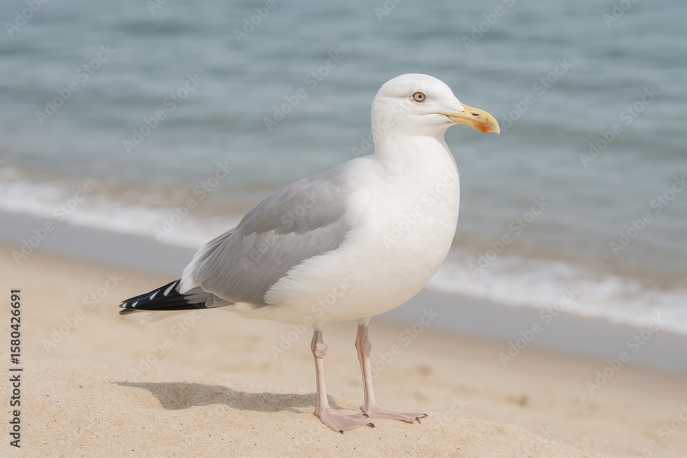 Seagull resting along the shoreline with shades of grey and white Seagull resting along the shoreline with shades of grey and white